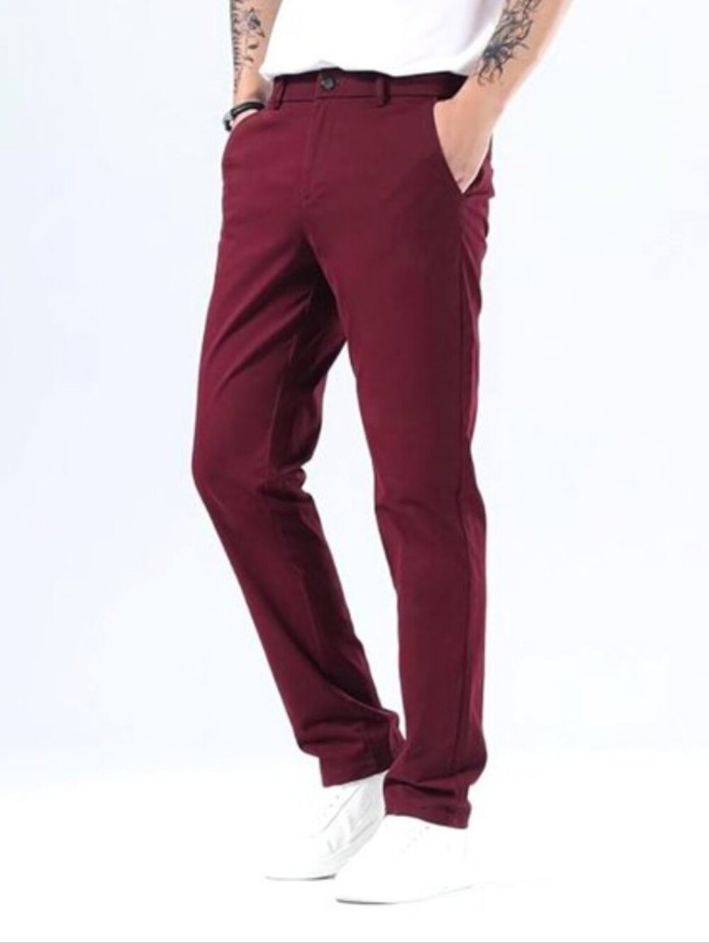 Plaid&Plain Slim Fit Khaki Pants Men’s Tapered Chino Pants, Burgundy, 31x28